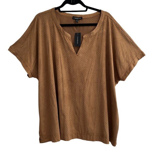 Lane Bryant Brown Microsuede Top Plus Size 22/24 Short Sleeve Split Neck Stretch - Picture 1 of 10